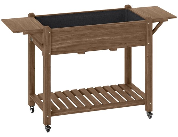Outsunny Raised Garden Bed, Wooden Elevated Planter Box with Lockable Wheels, Side Tables and Bottom Shelf for Flowers, Fruits, Carbonised