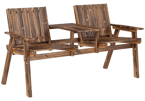 Outsunny 2-Seater Garden Bench with Table & Parasol Hole, Antique Loveseat for Porch, Patio, Carbonised Finish