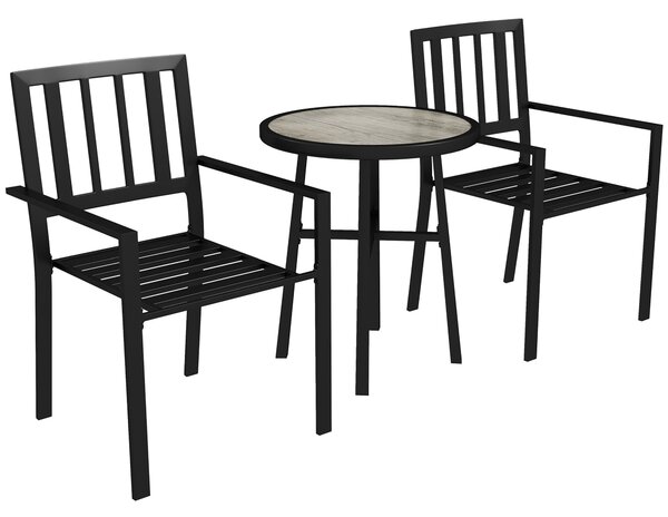 Outsunny 3 Piece Patio Bistro Set with Plastic Top, 2 Stackable Chairs, Galvanised Steel Frame, Grey