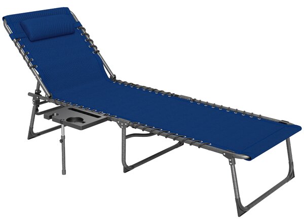Outsunny Folding Sun Lounger with Side Table, 5-Level Adjustable Reclining Sun Lounger Chair, Portable Garden Recliner Sunbed with Side Pocket, Head Pillow for Patio, Beach, Dark Blue