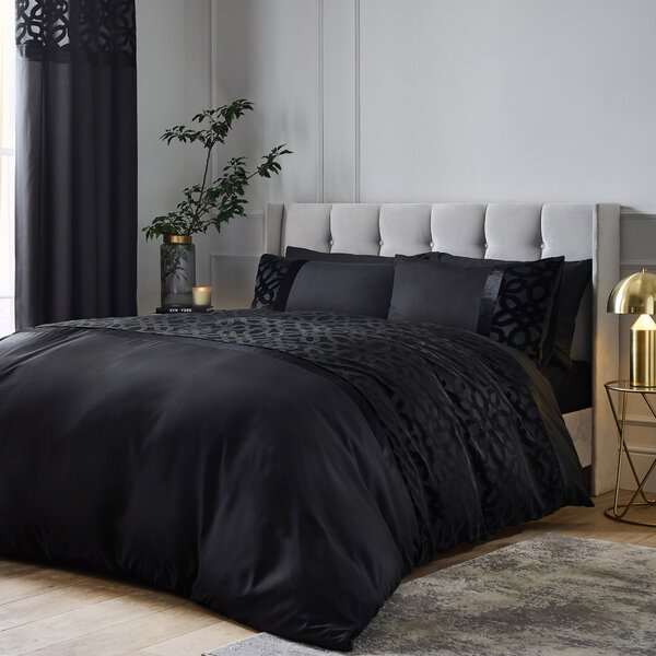 Catherine Lansfield Lattice Cut Velvet Duvet Cover Bedding Set Black