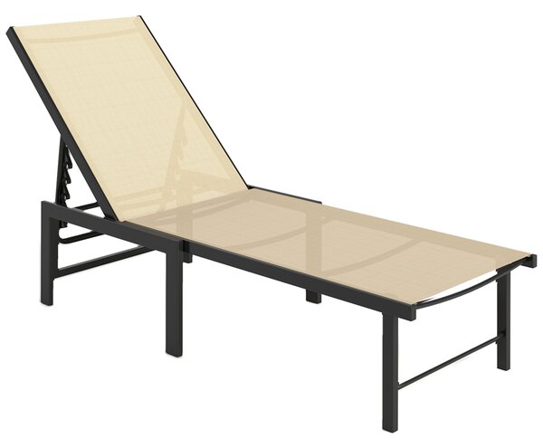 Outsunny Sun Lounger for Garden, 5-Level Adjustable Reclining Sun Lounger Chair, Flat Garden Lounger Sunbed with Texteline Seat, Steel Frame for Patio, Beach, Khaki