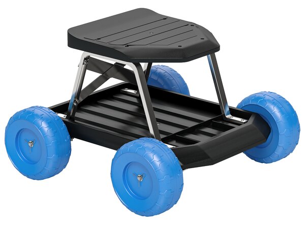 Outsunny Garden Cart with Wheels, Garden Stool Trolley with Tool Tray, Rolling Garden Seat for Weeding, Planting, Blue