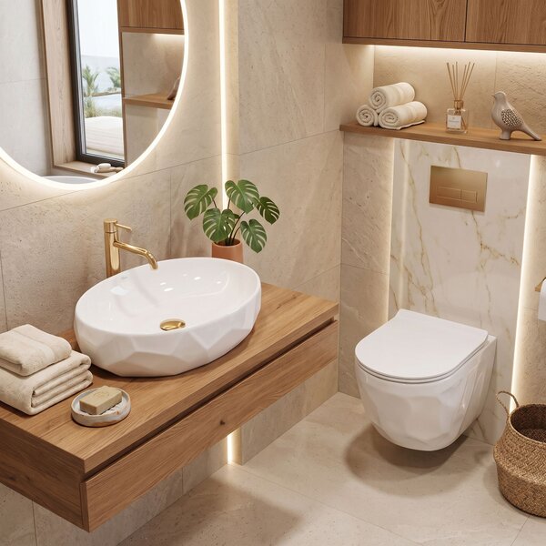 Set Wall-hung toilet bowl REA Gustavo Rimless + Countertop washbasin Maya