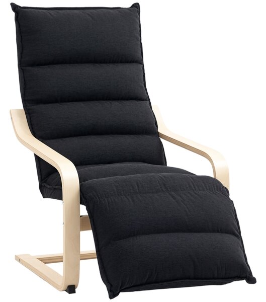 HOMCOM Birch Wood Lounge Chair, Upholstered Recliner Lounge Seat with Adjustable Footrest, Modern Armchair for Living Room, Bedroom, Balcony, Office, Black