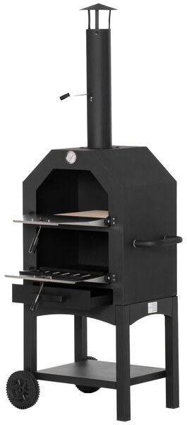 Outsunny Outdoor Garden Pizza Oven Charcoal BBQ Grill 3-Tier Freestanding Grill w/ Chimney, Mesh Shelf, Thermometer Handles, Wheels Aosom UK