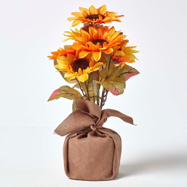 Yellow and Golden Artificial Sunflower Arrangement in Burlap Pot