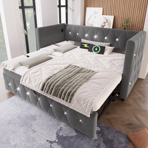 Upholstered Velvet Daybed with USB and Type C Ports, Pull-Out Trundle, Elegant Single Sofa Bed for Bedroom, 203L x 101-194W x 76H cm, Grey Aosom.UK