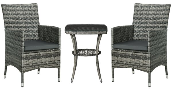 Outsunny 3 PCs Rattan Garden Bistro Set with Cushions Patio Weave Companion Chair Table Set Conservatory, Light Grey Aosom UK