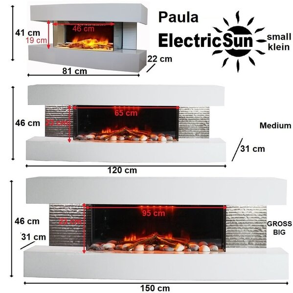 Wall Mounted Electric Fires ElectricSun Paula Small White Electric Fireplace, with Sound Effect, 10 Colour, with APP, W81xH41x22cm