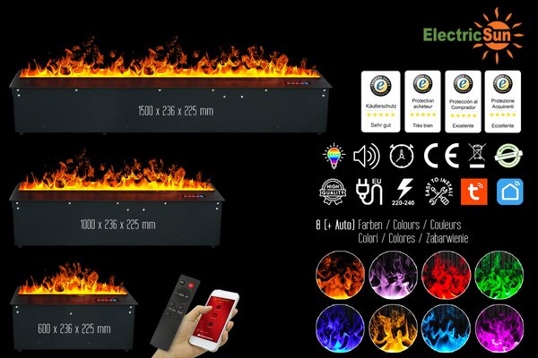 Built-in 3D Electric Fireplace Insert with Water Vapour, LED, with APP, ElectricSun MISTique medium 100 cm