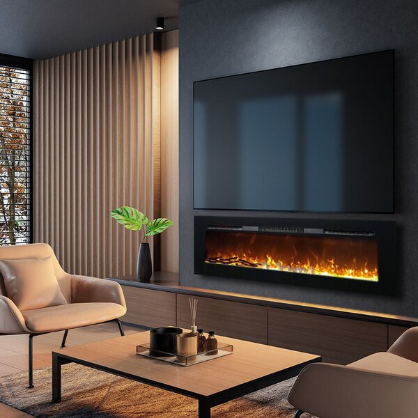 Wall Mounted Electric Fires, Free Standing, Incorporated ElectricSun Paula Glass Medium Black, 10 Colour, with Sound Effect, with APP, L153xH45x16cm