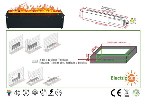 Built-in 3D Electric Fireplace Insert with Water Vapour, LED, with APP, ElectricSun MISTique medium 100 cm