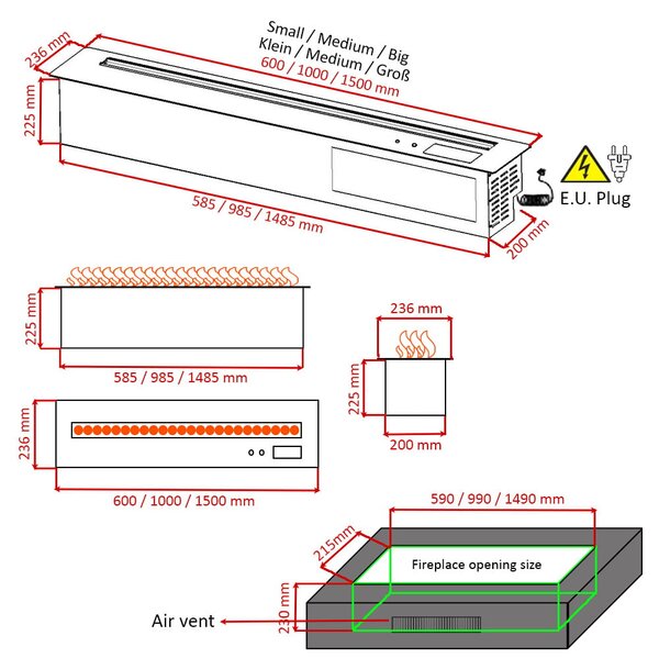 Built-in 3D Electric Fireplace Insert with Water Vapour, LED, with APP, ElectricSun MISTique medium 100 cm