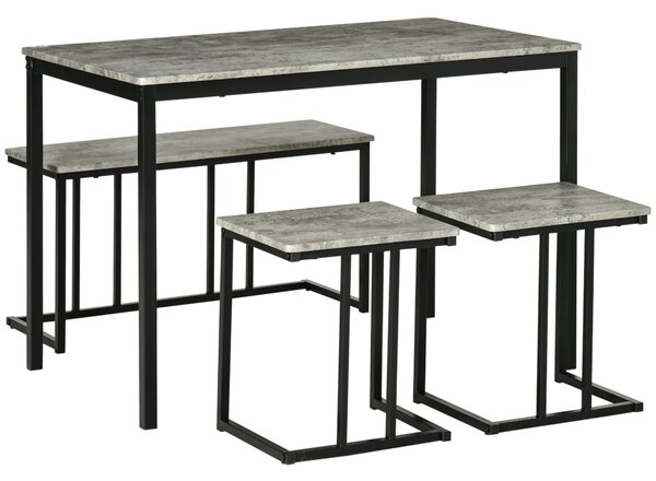HOMCOM Dining Table and Chairs Set for 4 People, Concrete Effect Kitchen Table and Bench Set with Steel Frame, 4 Piece Dining Room Sets, Grey
