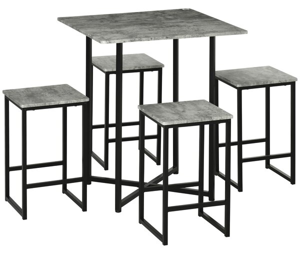 HOMCOM Square Bar Table with Stools, Concrete Effect 5 Pieces Small Kitchen Table and Chairs Set for 4 People, with Steel Frame and Footrest, Grey