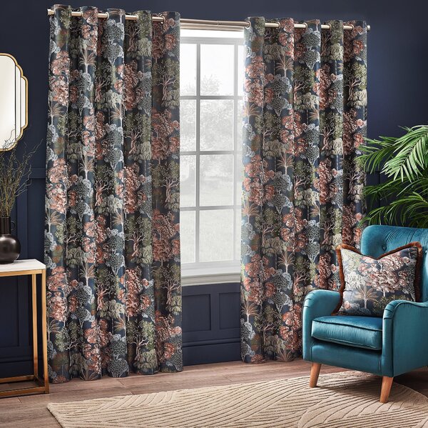 Woodlands Floral Jacquard Ready Made Eyelet Curtains Navy