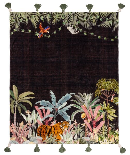 Midnight Jungle Velvet Tasselled Throw 125cm x 150cm Noir