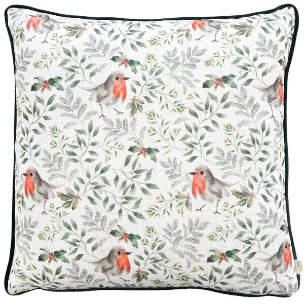 Festive Robin Repeat Piped 43cm x 43cm Filled Cushion Bottle