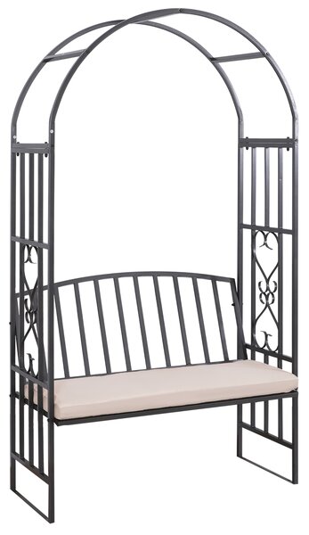 Outsunny Garden Metal Arch Bench, Outdoor Furniture Chair with Cushion Outdoor Patio Rose Trellis Arbour Pergola, for Climbing Plant 114x 60 x 206 cm