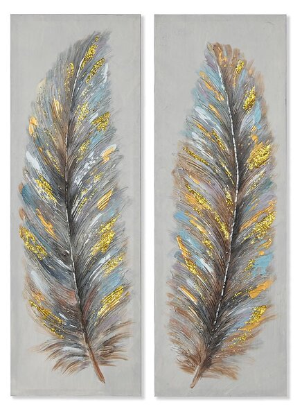 Painting Home ESPRIT Blue Golden Canvas MDF Wood Feathers Traditional 30 x 3 x 90 cm (2 Units)