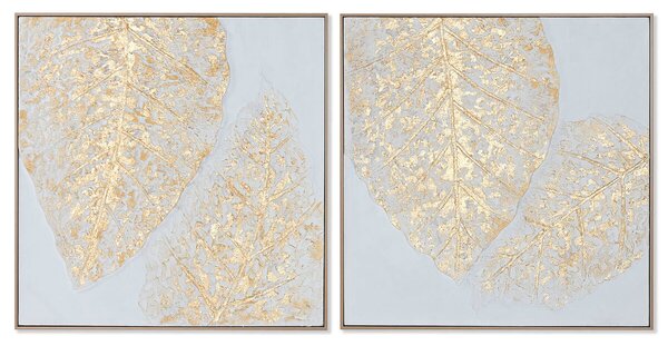 Painting Home ESPRIT White Golden Canvas MDF Wood Modern Leaf of a plant 82 x 4,5 x 82 cm (2 Units)