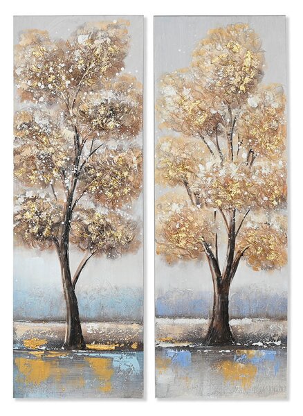 Painting Home ESPRIT Golden Canvas MDF Wood Tree Traditional 30 x 3 x 90 cm (2 Units)