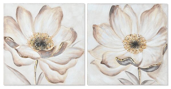 Painting Home ESPRIT Beige Golden Canvas MDF Wood Flower Romantic 60 x 3 x 60 cm (2 Units)