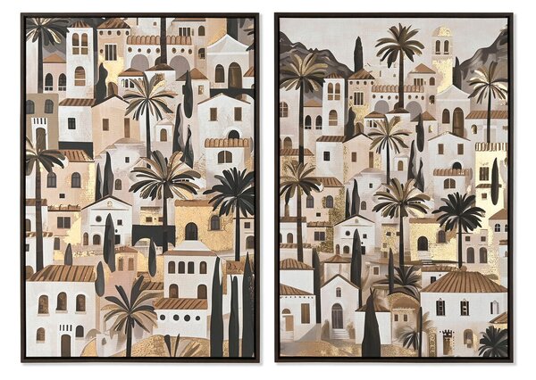 Painting Home ESPRIT Green Beige Golden Houses Tropical 63 x 4,5 x 93 cm (2 Units)