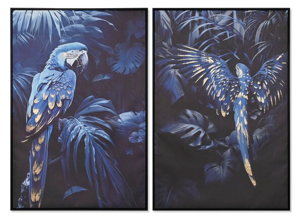 Painting Home ESPRIT Blue Black Golden Parrot Tropical 83 x 4 x 123 cm (2 Units)