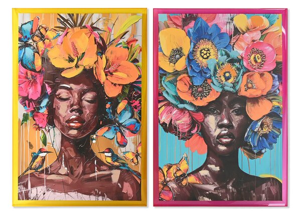 Painting Home ESPRIT Yellow Pink Modern African Woman 80 x 3,3 x 120 cm (2 Units)