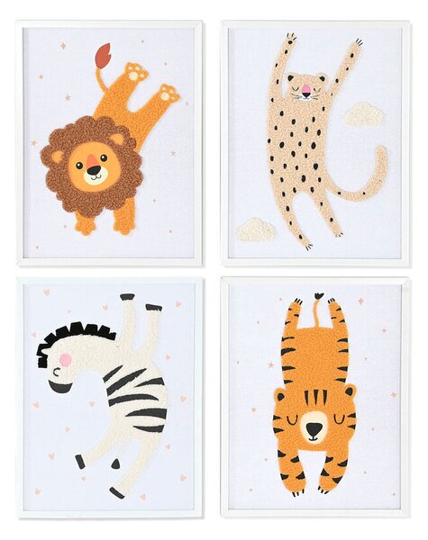 Painting Home ESPRIT Yellow White Children's animals 30 x 1,8 x 40 cm (4 Units)