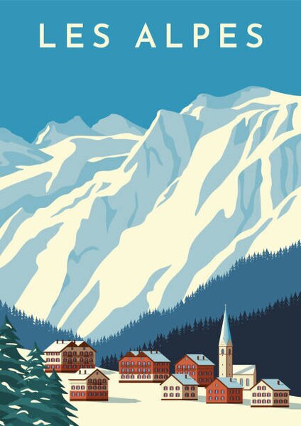 Art Print Alps travel retro poster, vintage banner., Rinat Khairitdinov