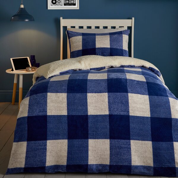 Bedlam Cosy Theo Check Sherpa Reverse Duvet Cover Bedding Set Blue