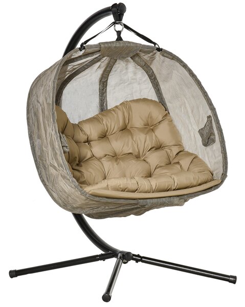 Outsunny Double Hanging Egg Chair 2 Seaters Swing Hammock Chair with Stand, Cushion and Folding Design, for Indoor and Outdoor, Brown AOSOM UK
