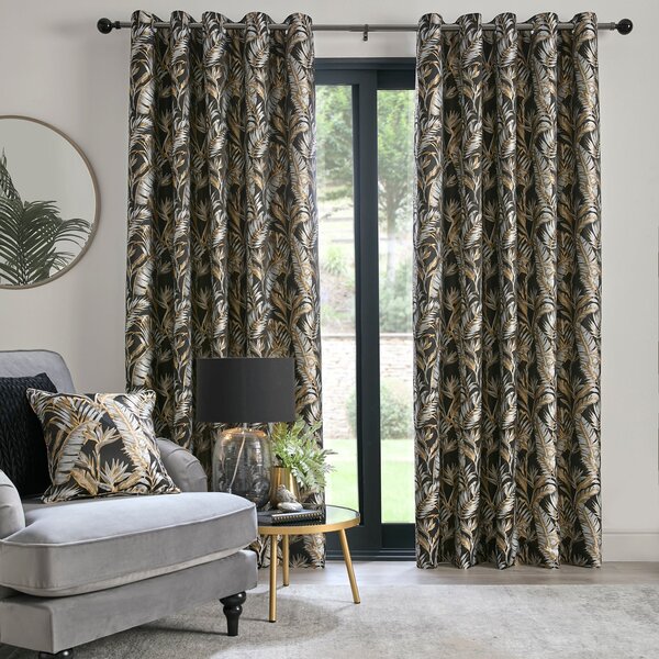 Laurence Llewelyn-Bowen Paradise Palm Jacquard Ready Made Eyelet Curtains Black