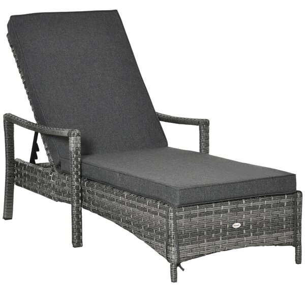 Outsunny Patio Rattan Single Sun Lounger, Dual Wicker Weave Outdoor Reclining Chair Furniture, 4-Level Adjustable Backrest w/ Cushion, Mixed Grey