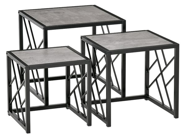 HOMCOM Set of 3 Nesting Coffee Tables, Square Side Tables with Black Metal Frame, for Living Room, Bedroom and Office, Grey AOSOM UK