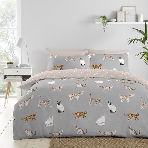 Fusion Cats Easy Care Duvet Cover Bedding Set Grey