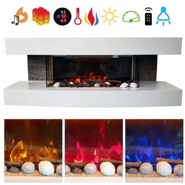 Wall Mounted Electric Fires ElectricSun Paula Medium White Modern Electric Fireplace, with Sound Effect, 10 Colour, with APP, W120xH46x31cm