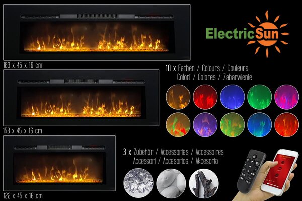 Wall Mounted Electric Fires, Free Standing, Incorporated ElectricSun Paula Glass small Black, 10 Colour, with Sound Effect, with APP, L122xH45x16cm