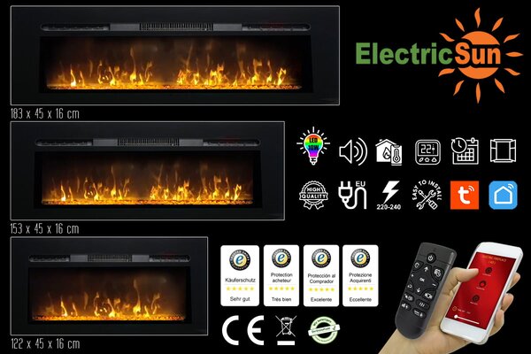 Wall Mounted Electric Fires, Free Standing, Incorporated ElectricSun Paula Glass small Black, 10 Colour, with Sound Effect, with APP, L122xH45x16cm