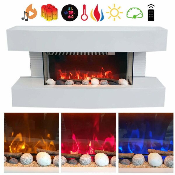 Wall Mounted Electric Fires ElectricSun Paula Small White Electric Fireplace, with Sound Effect, 10 Colour, with APP, W81xH41x22cm