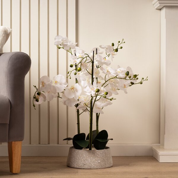 Artificial White Orchid in Grey Terrazzo Plant Pot Grey