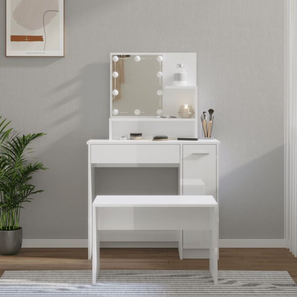 Dressing Table Set with LED High Gloss White Engineered Wood