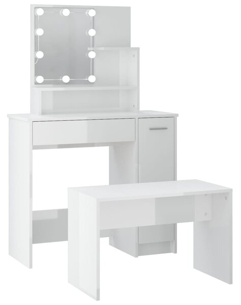 Dressing Table Set with LED High Gloss White Engineered Wood