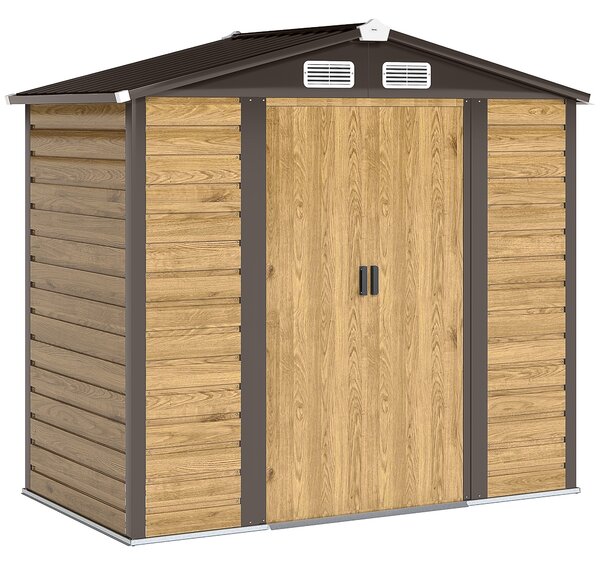 Outsunny 7 x 4ft Garden Shed, Easy to Assemble, Upgraded Galvanised Steel Frame with Foundation Kit, Double Doors with Lock, Outdoor Metal Shed with Vents and Gloves, Garden Storage Shed, Natural