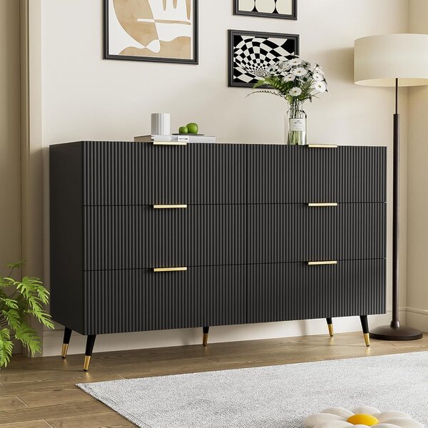 6-Drawer Sideboard with Wave-Textured Front, Metal Handles, Minimalist Buffet Storage for Living Room, 120x40x77 cm, Black/Gold Aosom UK
