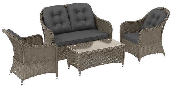 Outsunny Four-Piece Rattan Sofa Set, with Glass-Top Table - Light Grey