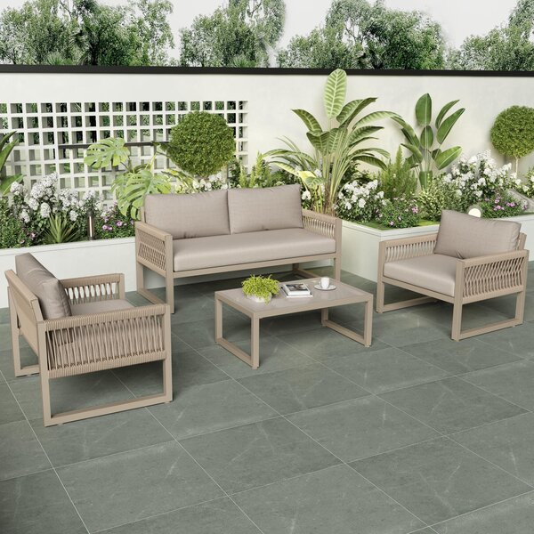 Modern Hand-Woven Sofa Set with Glass Coffee Table, Thick Cushions, Outdoor Garden Lounge Set for 4 People, 126L x 65W x 72H cm, Khaki Aosom.UK